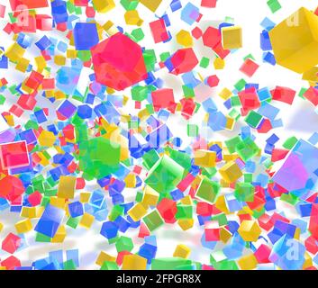 3d-Darstellung von bunten Würfeln, die festlich explodieren. Auf weißem Hintergrund mit Schatten zu Boden fallen. Stockfoto