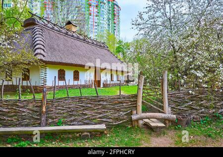 Traditionelles weißgetünchtes ukrainisches Hata-Haus mit kleinen Holzfenstern und Reetdach mit blühendem Garten und Weidenzaun (tyn) in Der Vordergrund Stockfoto