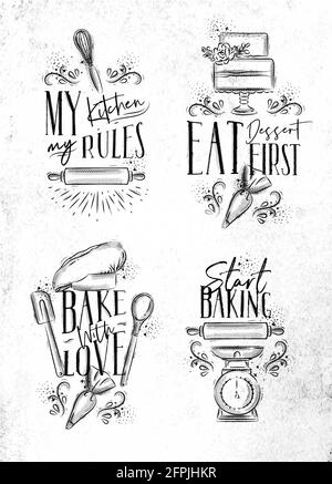 Satz von Bäckerbriefe meine Küche Regeln, essen Dessert zuerst, backen mit Liebe in der Hand Zeichenstil auf schmutzigem Papier Hintergrund. Stock Vektor