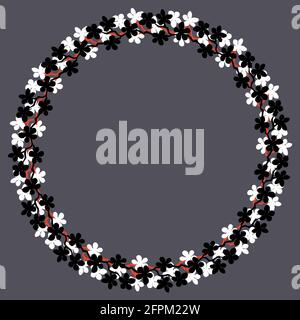 Bunte Blumen Kranz. Zarte Kranz von Sakura Zweige. Blumen Blüte Hand gezeichnet, Kreis Rahmen aus schwarzen und weißen Farben Blumen auf grau.Design fo Stockfoto
