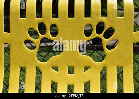 Pawprints auf gelber Parkbank in einem Hundepark. Stockfoto