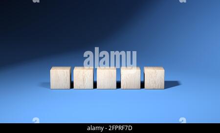 Holzwürfel isoliert auf blauem Hintergrund. 3d-Illustration. Mehrere Objekte. Fünf Stockfoto