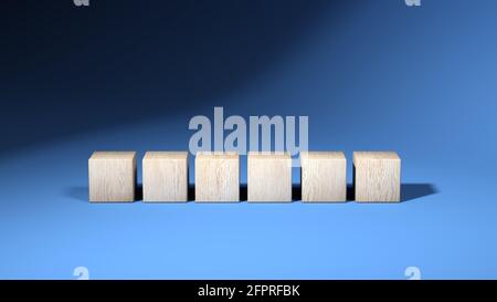 Holzwürfel isoliert auf blauem Hintergrund. 3d-Illustration. Mehrere Objekte. Sechs Stockfoto