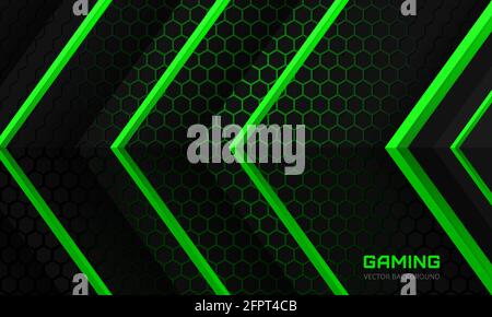 Dunkler Gaming-Hintergrund. Grüne Pfeile auf einer dunklen, abstrakten sechseckigen Rastervektordarstellung. Futuristische, moderne grüne Metallic-Pfeile und dunkelgrau Stock Vektor