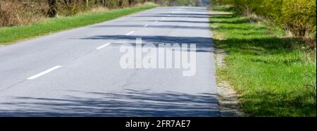 Asphaltstraße für den Transport. Schatten von Bäumen auf der Straße, die am Straßenrand wachsen. Stockfoto