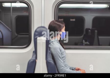 Frau, die beim Pendeln des Zuges nachdenklich aus dem Fenster blickt, trägt eine Gesichtsmaske in öffentlichen Verkehrsmitteln. Pandemischer Lebensstil des Coronavirus. Passagier Stockfoto