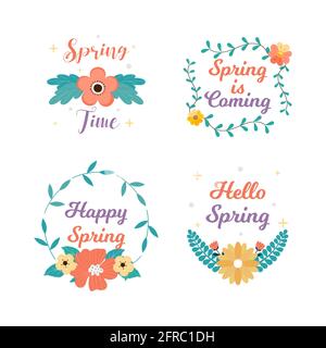 Frühlingsabzeichen und Labelkollektion. Hallo Frühling. Der Frühling kommt. Von Hand gezeichnet. Grußkarte. Vektorgrafik. Flaches Design. Stockfoto