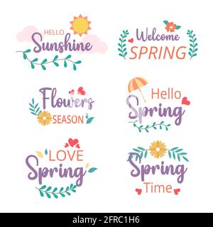 Willkommen beim Frühlingsabzeichen und der Labelkollektion. Hallo Frühling. Von Hand gezeichnet. Vektorgrafik. Flaches Design. Stockfoto