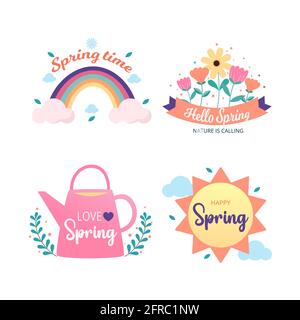 Frühlingsabzeichen und Labelkollektion. Federdesign. Hallo Frühling. Von Hand gezeichnet. Vektorgrafik. Stockfoto