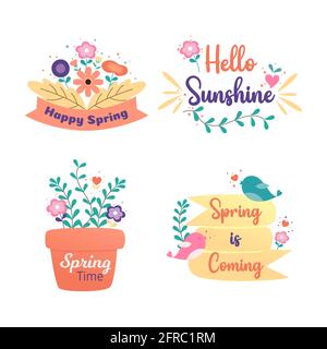 „Happy Spring“-Abzeichen und -Label-Kollektion. Hallo Frühling. Von Hand gezeichnet. Vektorgrafik. Federdesign. Stockfoto