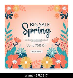 Großer Verkauf Frühling Vorlage und Hintergrund. Frühlingsangebot. Vektorgrafik. Handwal. Frühlingsbanner mit Blumen. Stockfoto