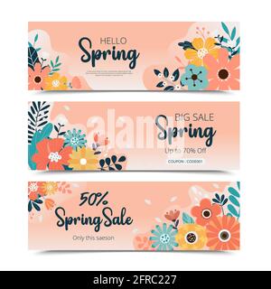 Hallo Frühling Verkauf Banner und Hintergrund-Kollektion. Großer Verkauf im Frühjahr. Vektorgrafik. Sonderangebot im Frühlingsdesign. Stockfoto