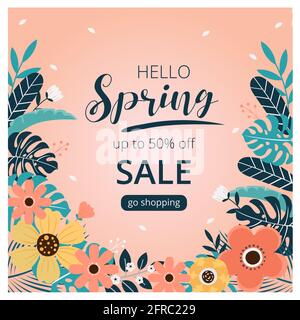 Hallo Frühling Verkauf Banner und Hintergrund. Promotion Frühling Verkauf Design. Vektorgrafik. Stockfoto