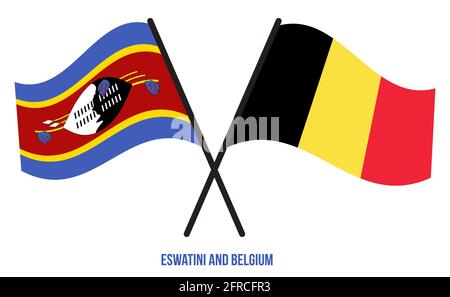 Eswatini und Belgien Flaggen gekreuzt und winken Flat Style. Offizieller Anteil. Korrigieren Sie Die Farben. Stockfoto