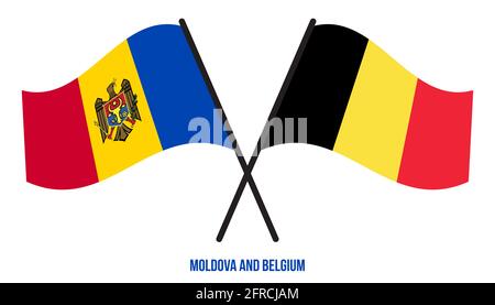 Moldawien und Belgien Flaggen gekreuzt und winken Flat Style. Offizieller Anteil. Korrigieren Sie Die Farben Stockfoto