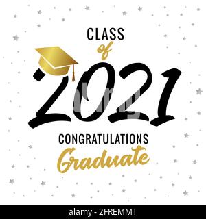 Goldene Kalligraphie Abschluss der Klasse 2021 Grußkarte. Feier Design für Gratulation Konzept High School Party oder Hochschule. Vektorbanner Stock Vektor