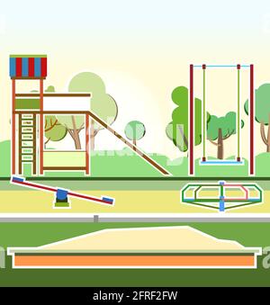 Spielplatz im Park. Schaukeln, Rutschen und Karussells. Flache Illustration im Cartoon-Stil. Ein Ort für Kinder zum Spielen. Sandkasten für Kinder. Außenlandschaft Stock Vektor