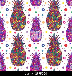 Nahtloses Sommer-Pop-Art-Muster mit bunten Ananas mit Tribal-Muster und Punkten auf weißem Hintergrund. Tapete mit saftigen Früchten. Vektorstruktur Stock Vektor