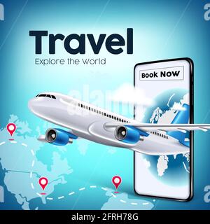 Travel World Vektor-Banner-Design. Reise und jetzt buchen Text in der mobilen App mit Flugzeugtransport Element für Flug Online-Buchung Hintergrund. Stock Vektor