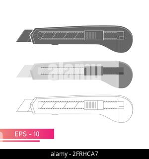 Set, Messer für Bauarbeiten. Lineares, solides und realistisches Design. Auf weißem Hintergrund. Tools für Mitarbeiter. Flache Vektorgrafik. Stock Vektor