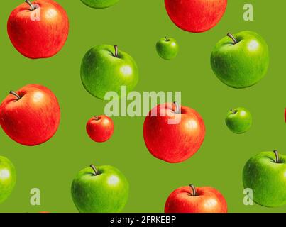 Rot und grün Apfel nahtlose Muster. Handgezeichnete Textur mit ganzen Äpfeln auf hellgrünem Hintergrund. Künstlerische Naturkosttapete. Stockfoto