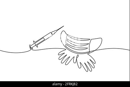 Impfstoffspritze ein-Linien-Art-Konzept. Pandemie COVID Coronavirus sichere handgezeichnete Skizze. Injektion Epidemiologie Pneumonie Allergie weiß einfarbig Stock Vektor