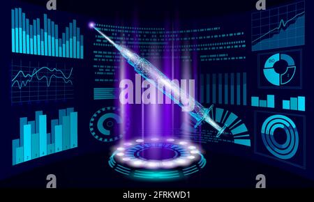 Covid-19 Impfkampagne. Injektionsimpfstoff-Spritze mit niedrigem Poly-Design. Sicherheitsoperation zur Sensibilisierung für Pandemien. Vektor zur Prävention von Coronavirus-Behandlungen Stock Vektor