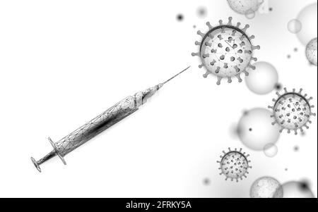 Covid-19 Impfkampagne. Injektionsimpfstoff-Spritze mit niedrigem Poly-Design. Sicherheitsoperation zur Sensibilisierung für Pandemien. Vektor zur Prävention von Coronavirus-Behandlungen Stock Vektor
