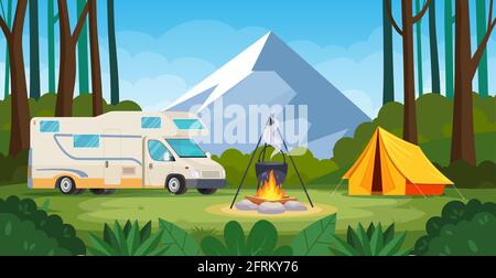 Sommerlager im Wald mit Lagerfeuer, Zelt, Rucksack Stock Vektor