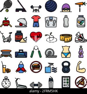 Fitness-Symbol-Set. Editierbare Fett Formatigte Kontur Mit Farbfüllungsdesign. Vektorgrafik. Stock Vektor
