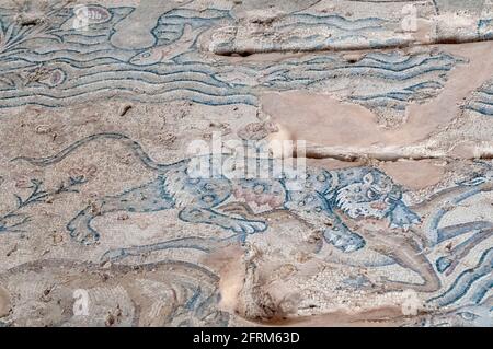 Jagdszene aus dem Mosaik „Beyond the Nile“ (Detail) Im Nil Haus im Zippori Nationalpark die Stadt Von Zippori (Sepphoris) EINE römisch-byzantinische pe Stockfoto