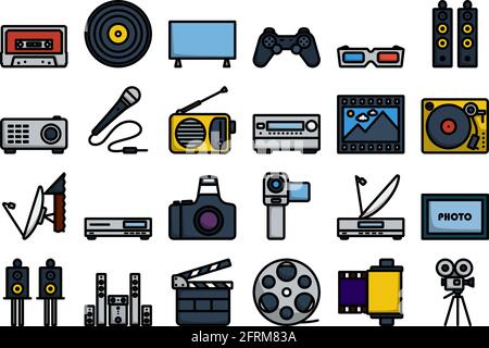 Multimedia-Symbol Eingestellt. Editierbare Fett Formatigte Kontur Mit Farbfüllungsdesign. Vektorgrafik. Stock Vektor