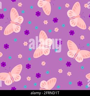 Rosa Schmetterlinge auf einem violetten Hintergrund. Nahtloser Musterhintergrund. Wiederholende Vektor für Kinderzentrum, Kindergarten, Tapete. Stock Vektor