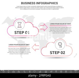 Infografik Wolken mit Pfeilen. Vektorlinie Geschäftskonzept von 2 Schritten, Symbole. Vorlage mit zwei Möglichkeiten für Diagramm, Web, Banner, Präsentationen Stock Vektor