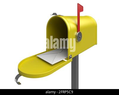 Gelbe Mailbox mit Brief auf einem weißen. 3d-gerendertes Bild Stockfoto