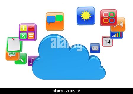 Symbole für Software-Apps rund um ein Cloud-Computing. 3d-gerendertes Bild Stockfoto