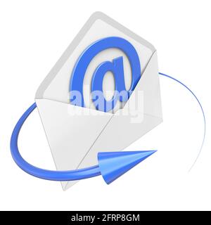 Umschlag mit blauem „AT“-Symbol. E-Mail-Kommunikationskonzept. Isoliert auf einem weißen. 3d-gerendertes Bild Stockfoto