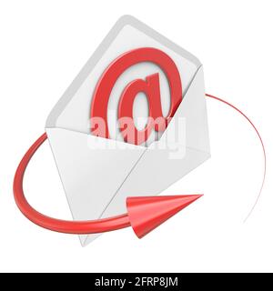 E-Mail-Kommunikationskonzept. Umschlag mit rotem „AT“-Buchstaben. Isoliert auf einem weißen. 3d-gerendertes Bild Stockfoto