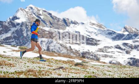 Trailathlet in bergab gelegenen Bergen mit Stöcken Stockfoto