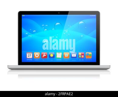 Laptop mit blauem Hintergrund und bunten Apps auf einem Bildschirm. Isoliert auf einem weißen. 3d-Bild Stockfoto