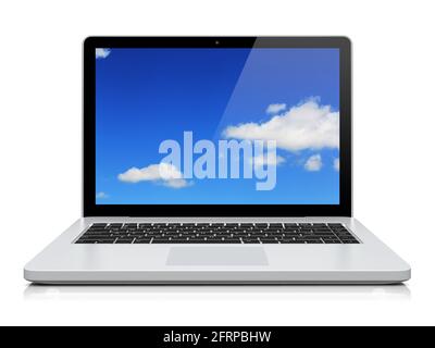 Laptop mit blauem Himmel Hintergrund auf dem Bildschirm. Isoliert auf einem weißen. 3d-Bild Stockfoto