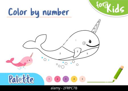 Farbbild Kopieren nach Nummer. Malen Sie ein Bild eines fabelhaften Einhornwals. Spiel für kleine Kinder. Zeichnung Fähigkeiten Ausbildung. vektor-Illustration. Kinder Stock Vektor