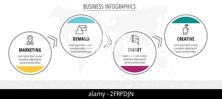 Vektor-Infografiken vier Kreise mit Pfeilen. Liniengeschäftskonzept mit 4 Schritten, Optionen. Infografik-Vorlage für Diagramm, Web, Banner, Präsentationen Stock Vektor