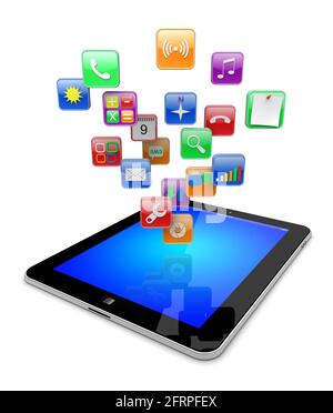 Tablet pc-Computer mit Software-Apps-Symbole. Medientechnik-Konzept. 3d-Bild Stockfoto