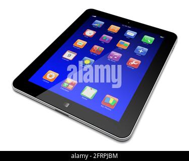 Abstrakter Tablet-PC mit blauem Touchscreen und farbenfrohen Apps. 3d-Bild Stockfoto