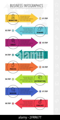 Vektorlinien-Infografiken-Vorlage für acht bunte Pfeile und Kreise. Geschäftskonzept mit 8 Elementen und Icons. Moderner Leerraum für die Karte Stock Vektor