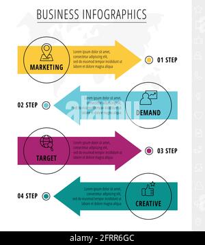 Vektorlinien-Infografiken-Vorlage für vier bunte Pfeile und Kreise. Geschäftskonzept mit 4 Elementen und Icons. Moderner Leerraum für die Karte Stock Vektor