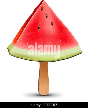Wassermelone auf dem Popsicle Stick. Realistische Vektordarstellung isoliert auf weißem Hintergrund. Stock Vektor