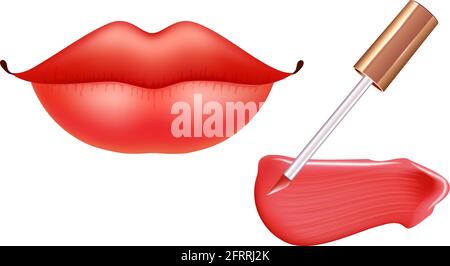 Make-up Set für Lippen mit realistischem Creme-Schimmer, realistischem Flüssiglipstick und Lippen. Stock Vektor