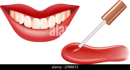 Make-up Set für Lippen mit realistischem Creme-Schimmer, realistischem Flüssiglipstick und Lippen. Stock Vektor